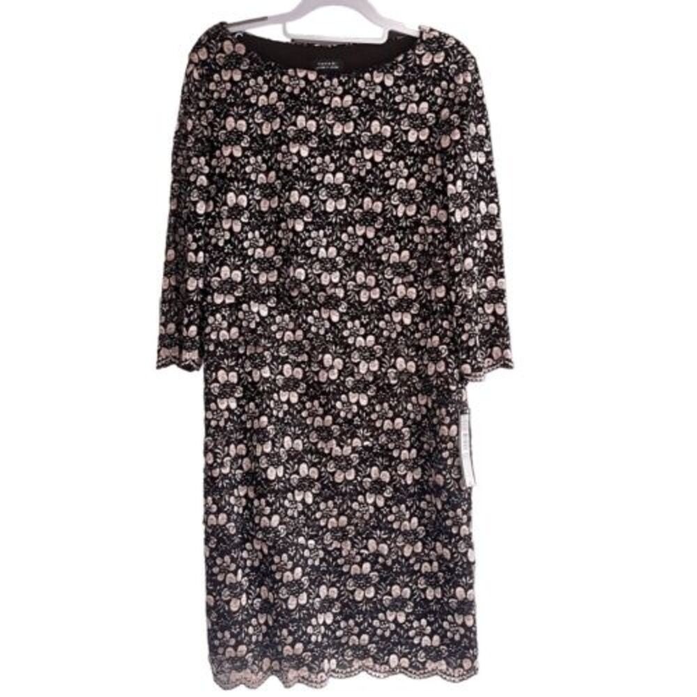 Tahari ASL Black Pink Lace Sheath Dress Asymmetrical Tier Sz 12 NWT - Picture 2 of 12